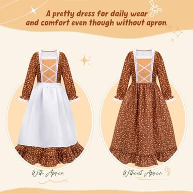 Meland Pioneer Dress for Girls - Colonial Floral Costume with Bonnet, Apron & Purse, Pionner Outfit for Girls 9-10 Years - Image 2