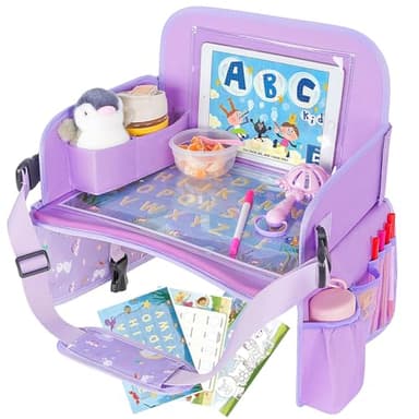 MENZOKE Car Seat Tray for Kids Travel, Kids Travel Tray with Educational Drawing Board, Tablet Holder & Cooler Cup Holder, Holiday Gifts for Car Trip, Purple - Image 9