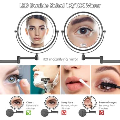 Rocollos Rechargeable Wall Mounted Lighted Makeup Mirror, 8 Inch Double-Sided LED Vanity Mirror 1X/10X Magnification,3 Color Lights Touch Screen Dimmable 360°Swivel 13 Inch Extendable - Image 4