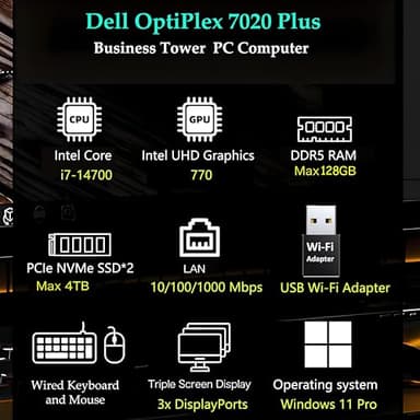 Dell OptiPlex 7020 Plus Tower 7000 Business Desktop Computer, 14th Gen Intel 20-Core i7-14700 up to 5.4GHz, 64GB DDR5 RAM, 4TB PCIe SSD, DVDRW, WiFi Adapter, Ethernet, Keyboard Mouse, Windows 11 Pro - Image 2