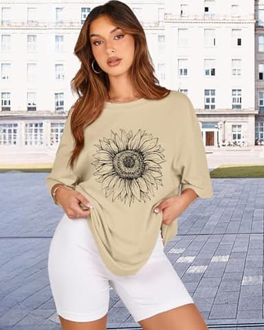 Womens Oversized Tshirt Graphic Tees Crew Neck Summer Short Sleeve Loose Fit Tops (A-Sunflower Print Khaki, L) - Image 6