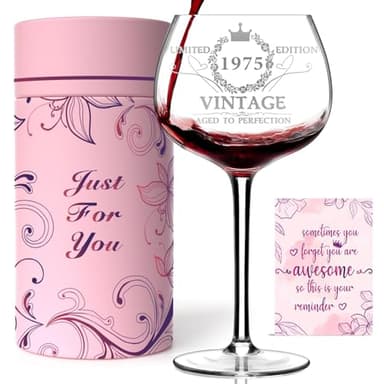 50TH Birthday Gifts for Her, Vintage 1975 Engraved 50th Wine Glass, 50 Year Old Birthday Decorations For Women, Funny 50 Bday Gifts Idea For Women, Friends, Daughter, Sister Mom - Turning 50 Present - Image 1
