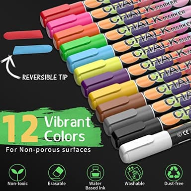 Liquid Erasable Chalk Markers Pens - 12 Colors Washable & Wet Erase Neon Makers for Blackboard, Chalkboard Signs, Glass Window, Graduation Celebration School Kids Art for Cars - Image 5