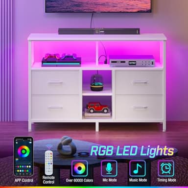 Rolanstar TV Stand with Power Outlets and LED Light, 4 Fabric Drawers Entertainment Center for 32/45/55 inch TVs, Media Console with Storage for Living Room or Bedroom, White - Image 4