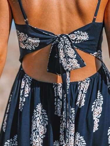 CUPSHE Summer Dress for Women Beach Paisley V Neck Sleeveless Cutout Casual Long Boho Maxi Formal Dress Navy Blue, L - Image 6