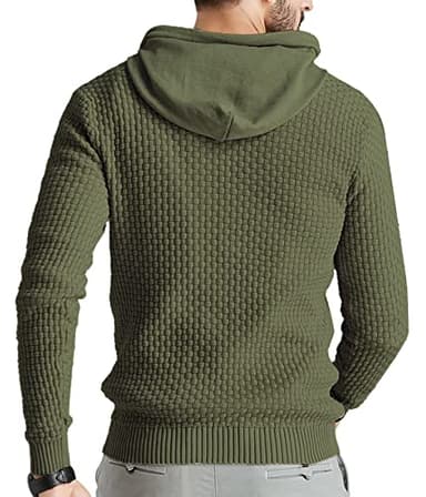 Zaitun Mens Hooded Sweatshirt Long Sleeve Solid Knitted Hoodie Pullover Sweater Army Green - Image 3
