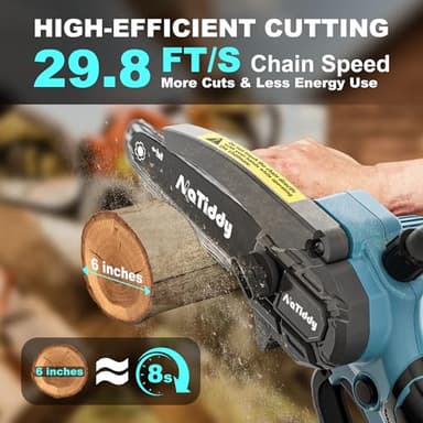 NaTiddy Mini Chainsaw Cordless,6 Inch Electric Chainsaw Cordless with Auto Oiler,Powerful Handheld Battery Chainsaw for Wood Cutting, Tree Trimming (Included 2 Batteries, 2 Chains) - Image 2