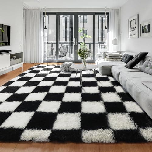 KICMOR Rugs for Living Room 7x9 Area Rug, Black and White Large Fluffy Shag Shaggy Fuzzy Checkered Bedroom Carpet, Indoor Soft Plush Big Rug for Kids Boys Girls Dorm Nursery Home Decor Aesthetic - Image 1