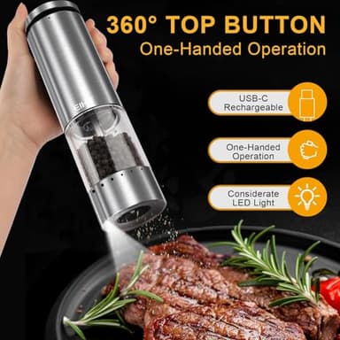 EIHO Electric Salt and Pepper Grinder Set USB Rechargeable, Upgraded External Adjustable Coarseness, Stainless Steel Automatic Salt and Pepper Shakers Mills with LED Light, House Warming Cooking Gifts - Image 3