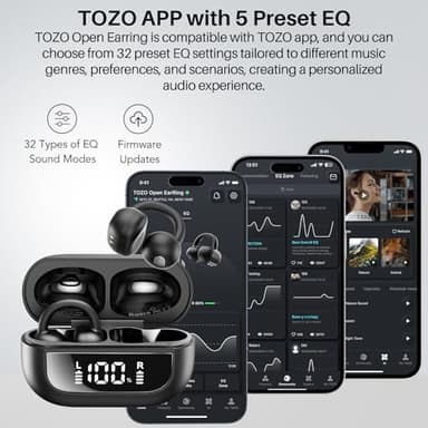 TOZO OpenEarRing True Open Ear Headphones, Lightweight Comfort Open Ear Clip Wireless Earbuds, 40H Play Bluetooth 5.4 Headphones with Smart Digital Display Design Fit Sports Running, Workout Black - Image 8