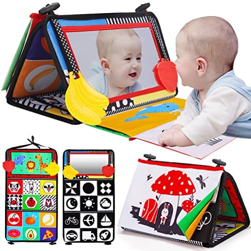 Tummy Time Baby Mirror Infant Toys Newborn 0 3 Months Brain Development with Crinkle Cloth Book Teether Black and White High Contrast Baby Toys 2 4 5 0-6 Month Boys Girls Sensory Activity Shower Gifts - Image 1