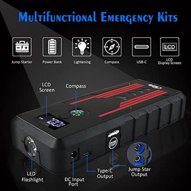 Car Jump Starter 1000A, CTWJO Portable Jump Starter Battery Pack for Up to 7.2L Gas and 5.5L Diesel Engines, 12V Jump Box with USB-C Smart Port, Compass, LCD Screen, LED Light, Travel Case - Image 3