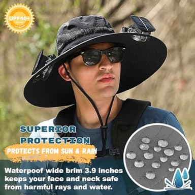 Outdoor Wide Brim Sun Hat with 2 Solar Fan Sun Bucket Hat for Men Women UPF 50+ Bucket Fishing & Beach Hat with Fan Built in (US, Alpha, Medium, XX-Large, A Khaki) - Image 6