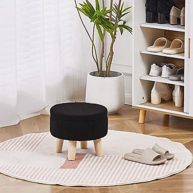 Wimarsbon Storage Ottoman, Modern Round Footrest with Soft Padded Seat, Teddy Velvet Footstool with Wood Legs, Accent Small Table or Plant Stand for Hallway, Living Room (Black) - Image 6