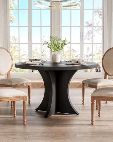 LITTLE TREE Round Dining Table for 4-6, 47.24 Inches Farmhouse Wooden Kitchen Table with Spacious Tabletop for Dining Room, Black - Image 4