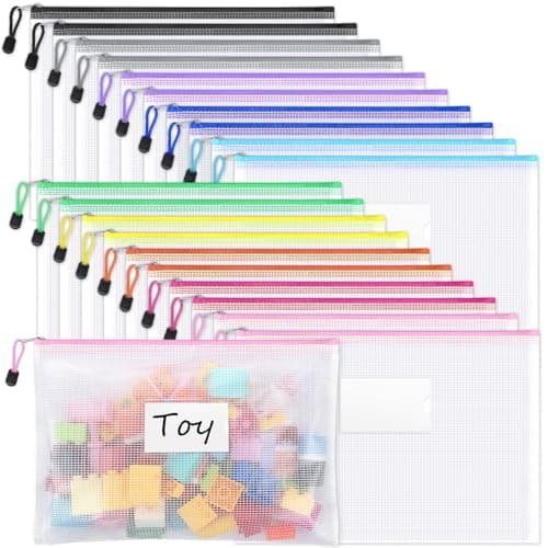 Sooez 20 Pack Mesh Zipper Pouch Bags, A4 Letter Size, Zipper Bags with Label Pocket, Waterproof Pouches for Classroom Organization, Board Game Storage, Document Bag for Teacher School Office Supplies - Image 1