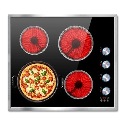 Pladeca 4 Burner Electric Cooktop, 24 Inch Electric Stove 6000W, 220V-240V Built-in Ceramic Stovetop with Knob Control, Child Lock, Timer Control, Residual Heat Indicator, Hard Wire(No Plug)