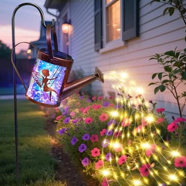 Solar Watering Can with Cascading Lights Garden Decor,Fairy Garden Accessories Hanging Solar Lights,Birthday Gifts for Women Mom,Gardening Lanterns with Shepherd Hook for Porch Patio Lawn Yard Art - Image 2