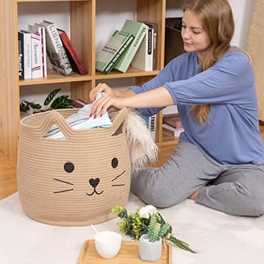 VK VK·LIVING Animal Baskets Large Woven Cotton Rope Storage with Cute Cat Design Laundry Organizer for Towels, Blanket, Toys, Clothes, Gifts – Cat Toy Box Pet or Baby Gift Baskets 15"Lx14H" - Image 9