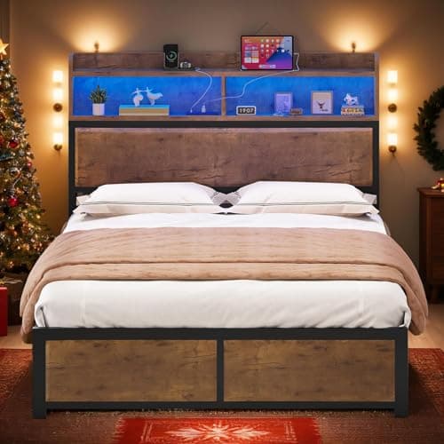YITAHOME Queen Bed Frame with 2-Tier Storage Headboard, Metal Platform Bed Frame with Charging Station & LED Lights, Noise-Free/Metal Support/No Box Spring Needed, Rustic Brown - Image 1