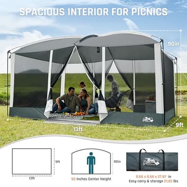 Screen House Tent 13x9ft Screen Room Mesh Gazebos w/ 2 Magnetic Doors, Included Projection Screen, Camping Tent Screened Canopy Shelter for Outdoor Patios Backyards Activities (Gray) - Image 2