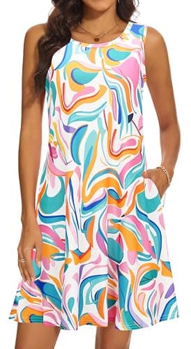 Summer Dresses for Women 2025 Casual Sundresses Beach Cover Ups Sleeveless Tshirt Swing Dress with Pockets Colorful DT XX-Large - Image 1
