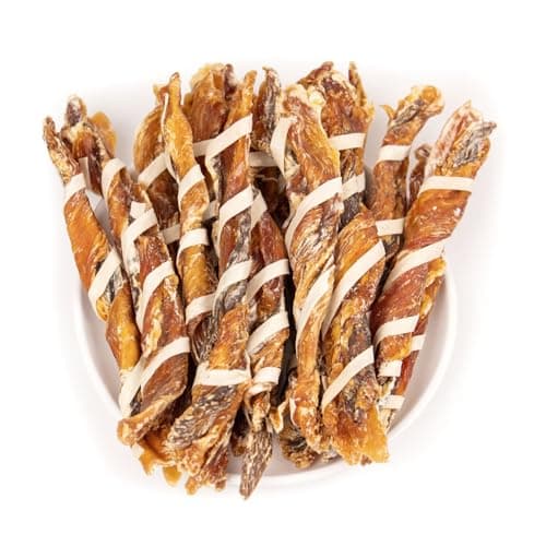 MON2SUN Dog Treats, Triple Flavor Jerky Twist Sticks, 5-7 Inch Chicken Duck and Codfish Sticks Chews for Small Dogs, Healthy Snacks, 10.58 oz (15 Count-Pack of 1) - Image 1