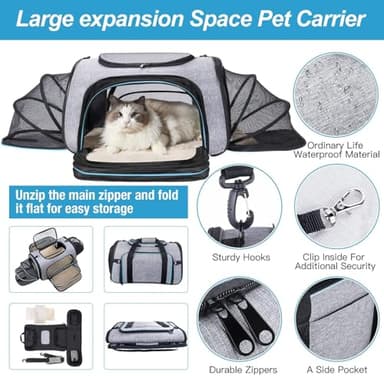 Siivton 4 Sides Expandable Pet Carrier, Airline Approved Soft-Sided Dog Cat Carrier Bag with Fleece Pad for Cats, Puppy and Small Animals (4 Extension Gray_Blue, L:18.0" L x 11.0" W x 11.0" H) - Image 5