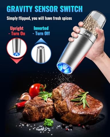 Gravity Electric Pepper and Salt Grinder Set, Salt and Pepper Mill & Adjustable Coarseness, Battery Powered with LED Light, One Hand Automatic Operation, Stainless Steel (Set/Silver) - Image 3
