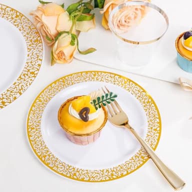 WELLIFE 50 Guests Dinnerware Sets, Gold Plastic Plates,Platos Para Fiestas Elegantes Desechables Include:50 Dinner Plates, 50 Dessert Plate, 150 Pcs Gold Plastic Silverware, 50 Cups for Party - Image 4