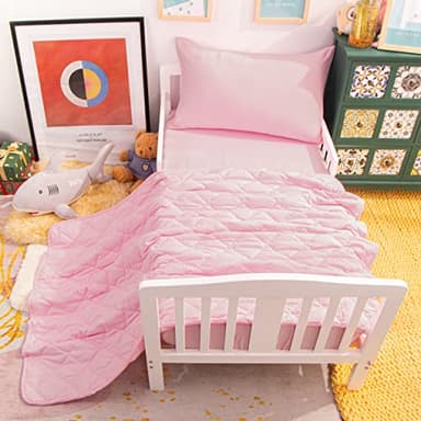NTBAY Toddler Bedding Set - 4 Piece Soft and Breathable Crib Bedding Set for Boys and Girls, Includes Quilted Comforter, Fitted Sheet, Flat Top Sheet and Envelope Pillowcase, Pink - Image 6
