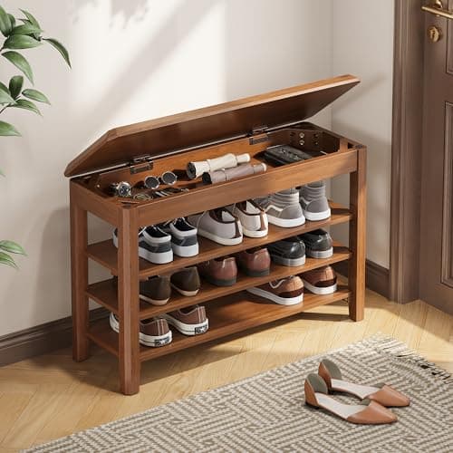 IUNVR Shoe Rack Bench Seat Rubberwood 3-Tier Wooden Storage Bench 550lbs Compact Mid-Century Modern Design for Entryway, Hallway, Closet, Front Door Entrance, Foyer - Image 1