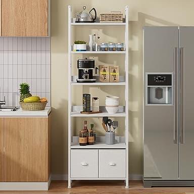 Furologee White 6 Tier Bookshelf with Drawers, Tall 71" Bookcase with Shelves, Modern Wood and Metal Bookshelves Storage Organizer, Display Free Standing Shelf Unit for Bedroom, Living Room, Office - Image 8