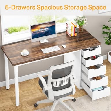Tribesigns Computer Desk with 5 Drawers, 47 inches Rustic Brown Home Office Desk with Storage, Modern Simple Laptop Desk Study Writing Table for Small Spaces (Reversible Drawer Cabinet) - Image 4