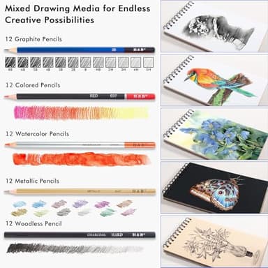 H & B 82 Pcs Drawing Kit Sketching Pencil Set, Sketch Pencils Art Supplies with 3-Color Sketchbook, Graphite, Charcoal, Blending Tools, Drawing Pencils for Adults Artists in Zipper Case - Image 8