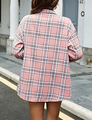 Megfie Loose Casual Womens Long Plaid Shirt Button Down Long Sleeve Lapel Collar Plaid Flannel Shirt Women(0027-Pink-L) - Image 6