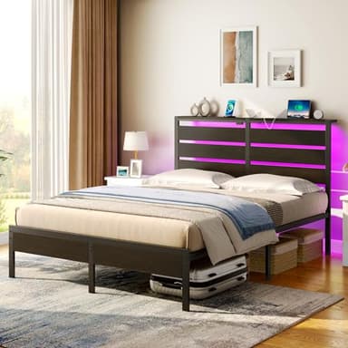 Rolanstar Bed Frame Queen Size with USB Charging Station, LED Bed Frame with Wood Storage Headboard, Black Metal Platform Bed with Under Bed Storage, No Box Spring Needed, Noise Free - Image 5