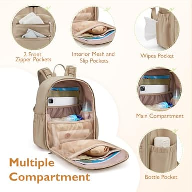 mommore Neoprene Diaper Bag Backpack Small Baby Bag Travel Mini Diaper Backpack for Newborn with Insulated Pockets (Beige) - Image 5