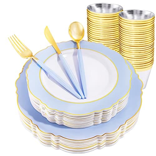WDF 150pieces Baby Blue Plastic Plates with Gold Rim - Disposable Gold Plastic Silverware With Blue Handle-Baroque Light Blue&Gold Disposable Plates Dinnerware for Wedding/Party - Image 1
