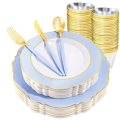 WDF 150pieces Baby Blue Plastic Plates with Gold Rim - Disposable Gold Plastic Silverware With Blue Handle-Baroque Light Blue&Gold Disposable Plates Dinnerware for Wedding/Party - Image 1