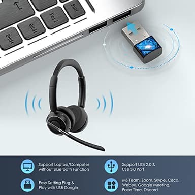 Wireless Headset, Bluetooth Headset with AI Noise Cancelling Mic, Bluetooth V5.2 Headphones with USB Dongle, Charging Base & Mic Mute for PC/Cell Phones/Call Center (Black) - Image 3