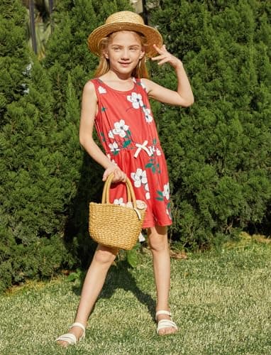 PATPAT Big Kids 3 Pieces Solid Floral Rompers Little Girl Elastic Waist Sleeveless One Piece Knit Jumpsuits Multipack, 7-8 Years - Image 2