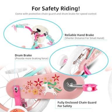 JOYSTAR Unicorn 12 Inch Kids Bike for 3 4 Years Girls Bike with Training Wheels Princess 12inch Kids Bicycle with Basket Doll Seat Streamers Green - Image 3