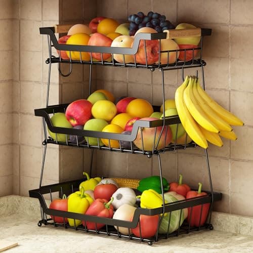 GILLAS 3 Tier Countertop Fruit Basket with 2 Banana Hangers for Kitchen, Detachable Metal Organizer for Bread Vegetable Fruits with Wooden Handle, Large Capacity Rectangular Storage Stand Bowls, Black - Image 1