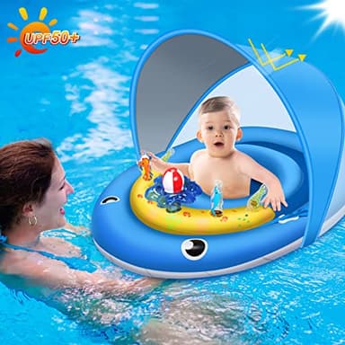 Baby Pool Float with Canopy UPF 50+ Sun Protection, 6-24 Months Inflatable Infant Swimming Ring, Bath Floatie, Swimming Pool Accessories, and Toy Play Console with Adjustable Safety Seat - Image 4