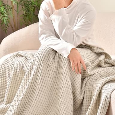 PHF 480GSM 100% Washed Cotton Waffle Weave Blanket, Cozy Breathable Skin-Friendly Throw Queen Size for All Season,Luxury Fall Layer Bedspread for Couch Bed Sofa,Elegant Home Decor,Natural,90"x90" - Image 3