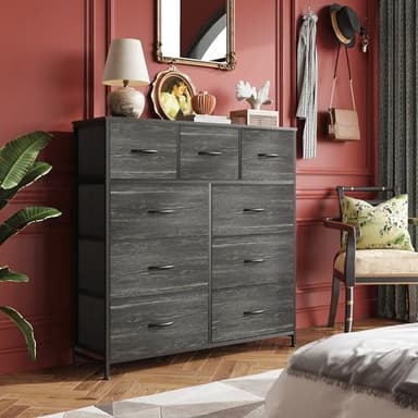 WLIVE 9-Drawer Dresser, Fabric Storage Tower for Bedroom, Entryway, Closet, Tall Chest Organizer Unit with Fabric Bins, Steel Frame, Wood Top, Easy Pull Handle, Charcoal Black Wood Grain Print - Image 8