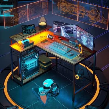 Bestier Gaming Desk with Power Outlets, 42" L-Shaped Gaming Desk with LED Lights, Desk with Reversible Storage Shelves & Hooks for Small Spaces, Bedrooms & Offices,Rustic Brown - Image 2