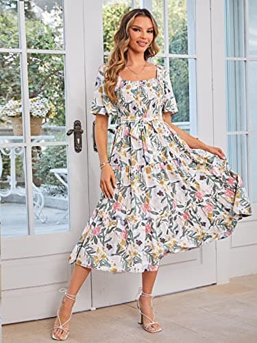 Amegoya Women's Boho Summer Floral Midi Dress Flowy Tiered Flutter Sleeve Square Neck Smocked Maternity Dress (Flower M) - Image 2