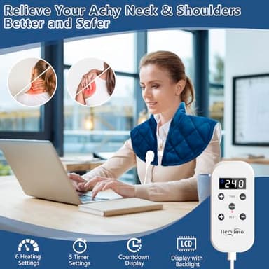 Heating Pad for Neck and Shoulders and Back, Weighted Heating Pads for Back Pain Relief, 2.2lb Large Electric Heat Pad, 6 Heat Settings, 5 Auto-Off, Birthday Christmas Gifts for Women Mom Men Dad Blue - Image 4